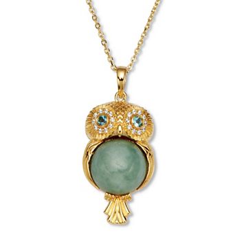 Round Cut Genuine Green Jade 18k Gold-plated Owl Pendant Necklace, 18 in