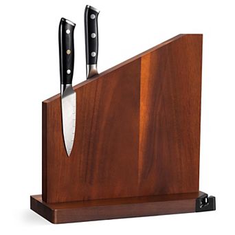 Premium Acacia Wood Double-Sided Magnetic Knife Block with Built-in Sharpener, Strong N45 Magnets