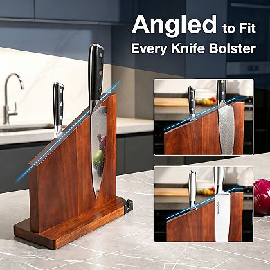 Premium Acacia Wood Double-Sided Magnetic Knife Block with Built-in Sharpener, Strong N45 Magnets