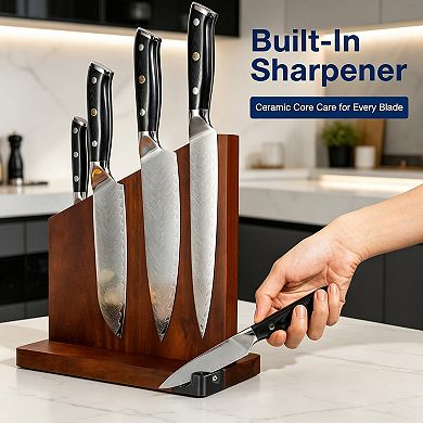 Premium Acacia Wood Double-Sided Magnetic Knife Block with Built-in Sharpener, Strong N45 Magnets