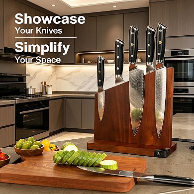 Premium Acacia Wood Double-Sided Magnetic Knife Block with Built-in Sharpener, Strong N45 Magnets