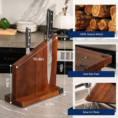 Premium Acacia Wood Double-Sided Magnetic Knife Block with Built-in Sharpener, Strong N45 Magnets