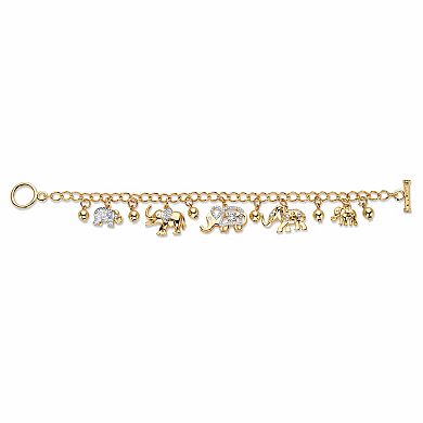Round Crystal Goldtone Elephant Charm Beaded Toggle Bracelet 7.5"