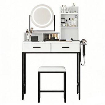 Vanity Desk: Rotating LED Mirror Built-in Outlets 2 Drawers 5 Storage Shelves
