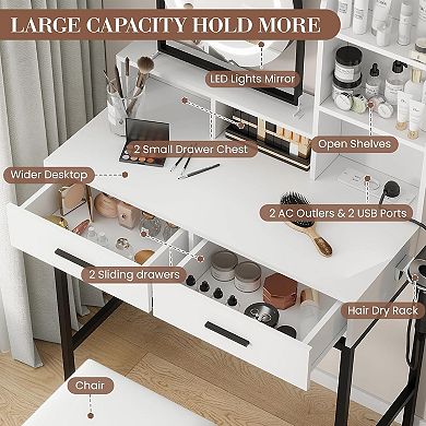 Vanity Desk: Rotating LED Mirror Built-in Outlets 2 Drawers 5 Storage Shelves
