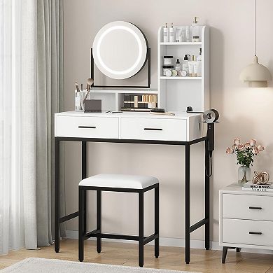 Vanity Desk: Rotating LED Mirror Built-in Outlets 2 Drawers 5 Storage Shelves