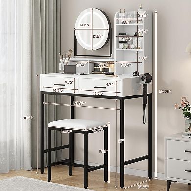 Vanity Desk: Rotating LED Mirror Built-in Outlets 2 Drawers 5 Storage Shelves