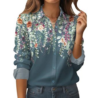 Zeagoo Women's Business Casual Button Down Floral Shirts, Long Sleeve Work Tops