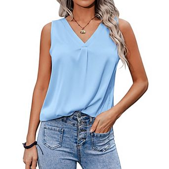 Zeagoo Women's Elegant Silk V Neck Pleated Tank Tops Casual Sleeveless Blouse