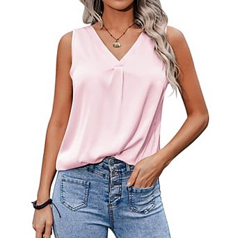 Zeagoo Women's Elegant Silk V Neck Pleated Tank Tops Casual Sleeveless Blouse