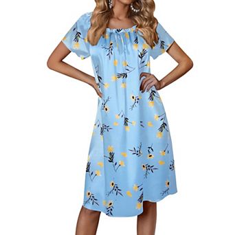 Ekouaer Womens Satin Silk Nightgown Printed Short Sleeve Sleepshirt Loose Loungewear