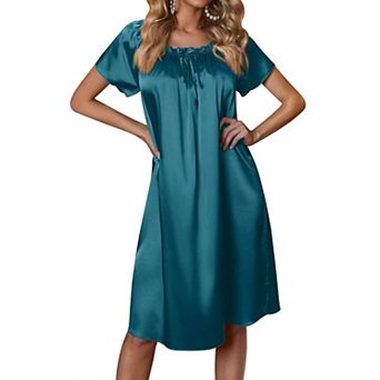 Ekouaer Womens Satin Silk Nightgown Printed Short Sleeve Sleepshirt Loose Loungewear