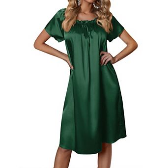 Ekouaer Women's Satin Silk Pleated Nightgown Loose Sleepwear Printed Nightshirt Short Sleeve Sleep