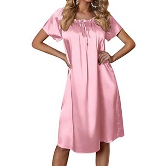 Ekouaer Womens Satin Silk Nightgown Printed Short Sleeve Sleepshirt Loose Loungewear