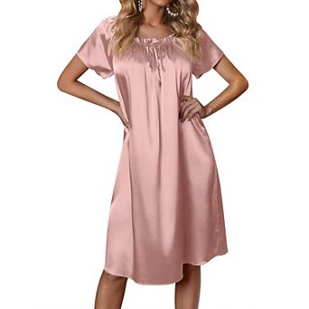 Ekouaer Women's Satin Silk Pleated Nightgown Loose Sleepwear Printed Nightshirt Short Sleeve Sleep