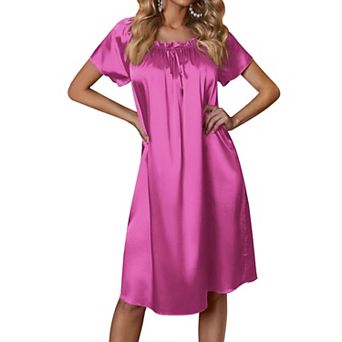 Ekouaer Womens Satin Silk Nightgown Printed Short Sleeve Sleepshirt Loose Loungewear