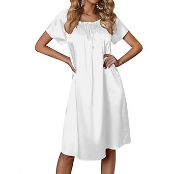 Ekouaer Women's Satin Silk Pleated Nightgown Loose Sleepwear Printed Nightshirt Short Sleeve Sleep