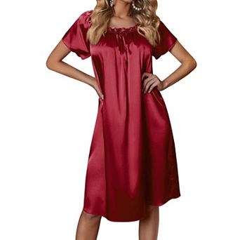 Ekouaer Women's Satin Silk Pleated Nightgown Loose Sleepwear Printed Nightshirt Short Sleeve Sleep