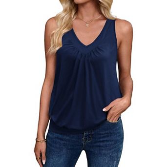 Zeagoo Women's Loose Fit V Neck Ruched Sleeveless Tank Tops Casual Basic Banded Bottom Cami Shirts