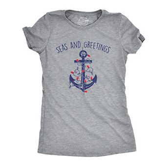 Womens Seas and Greetings T Shirt Funny Xmas Lights Sailing Anchor Joke Tee for Ladies