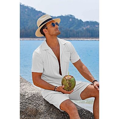 COOFANDY Men' 2 Pieces Shirt Sets Short Sleeve Casual Button Down Hippie T-Shirts Shorts Sets