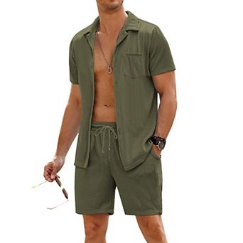 COOFANDY Men' 2 pc Shirt Sets Short Sleeve Casual Button Down Hippie T-Shirts Shorts Sets