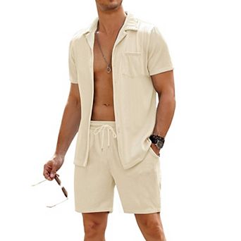 COOFANDY Men' 2 pc Shirt Sets Short Sleeve Casual Button Down Hippie T-Shirts Shorts Sets
