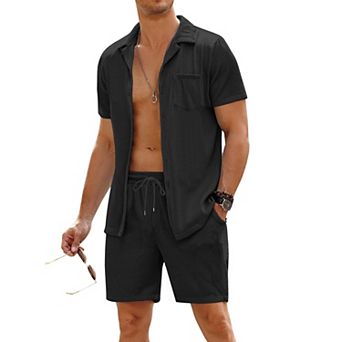 COOFANDY Men' 2 pc Shirt Sets Short Sleeve Casual Button Down Hippie T-Shirts Shorts Sets