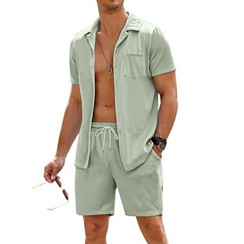 COOFANDY Men' 2 pc Shirt Sets Short Sleeve Casual Button Down Hippie T-Shirts Shorts Sets