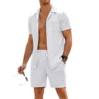 COOFANDY Men' 2 pc Shirt Sets Short Sleeve Casual Button Down Hippie T-Shirts Shorts Sets