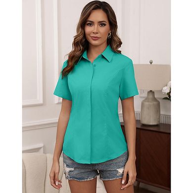 Zeagoo Women's Button Down Short Sleeve V Neck Blouses Business Slim Fitted Classic Work Tops