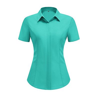 Zeagoo Women's Button Down Short Sleeve V Neck Blouses Business Slim Fitted Classic Work Tops