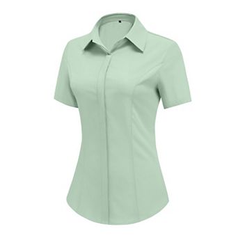 Zeagoo Women's Button Down Short Sleeve V Neck Blouses Business Slim Fitted Classic Work Tops