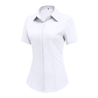Zeagoo Women's Button Down Short Sleeve V Neck Blouses Business Slim Fitted Classic Work Tops