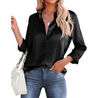 Zeagoo Women's Satin Long Sleeve Button Up Shirts Loose Collared Office Business Dressy Casual Tops