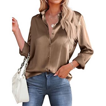 Zeagoo Women's Satin Long Sleeve Button Up Shirts Loose Collared Office Business Dressy Casual Tops