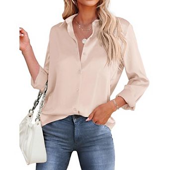Zeagoo Women's Satin Long Sleeve Button Up Shirts Loose Collared Office Business Dressy Casual Tops