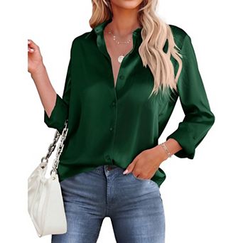 Zeagoo Women's Satin Long Sleeve Button Up Shirts Loose Collared Office Business Dressy Casual Tops