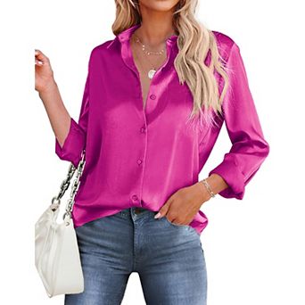 Zeagoo Women's Satin Long Sleeve Button Up Shirts Loose Collared Office Business Dressy Casual Tops
