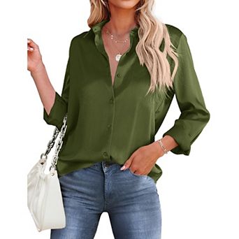 Zeagoo Women's Satin Long Sleeve Button Up Shirts Loose Collared Office Business Dressy Casual Tops