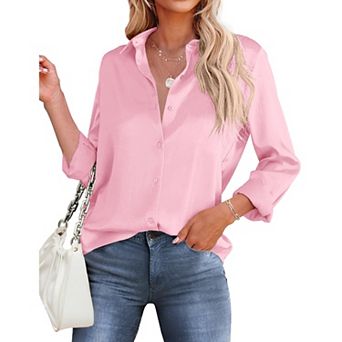 Zeagoo Women's Satin Long Sleeve Button Up Shirts Loose Collared Office Business Dressy Casual Tops