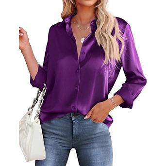 Zeagoo Women's Satin Long Sleeve Button Up Shirts Loose Collared Office Business Dressy Casual Tops