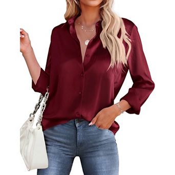 Zeagoo Women's Satin Long Sleeve Button Up Shirts Loose Collared Office Business Dressy Casual Tops