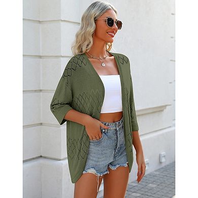 Zeagoo Women's Lightweight Open Front 3/4 Sleeve Crochet Knit Boho Cardigan Kimono Cover Up