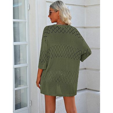 Zeagoo Women's Lightweight Open Front 3/4 Sleeve Crochet Knit Boho Cardigan Kimono Cover Up
