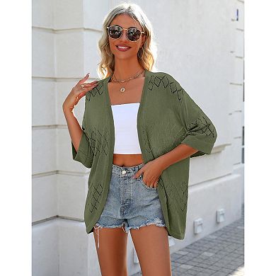 Zeagoo Women's Lightweight Open Front 3/4 Sleeve Crochet Knit Boho Cardigan Kimono Cover Up