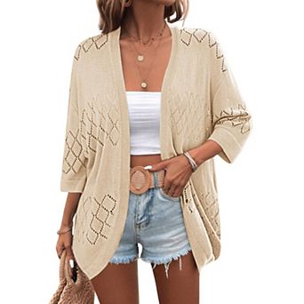 Zeagoo Women's Lightweight Open Front 3/4 Sleeve Crochet Knit Boho Cardigan Kimono Cover Up