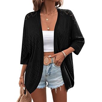 Zeagoo Women's Lightweight Open Front 3/4 Sleeve Crochet Knit Boho Cardigan Kimono Cover Up