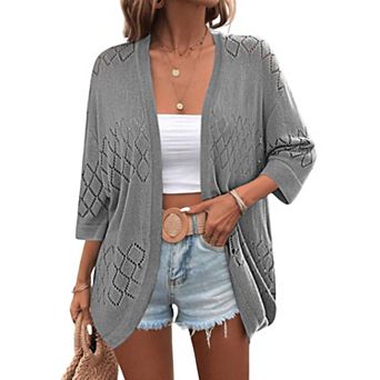 Zeagoo Women's Lightweight Open Front 3/4 Sleeve Crochet Knit Boho Cardigan Kimono Cover Up