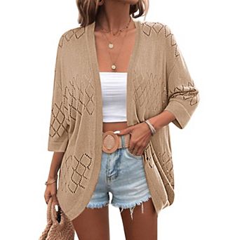 Zeagoo Women's Lightweight Open Front 3/4 Sleeve Crochet Knit Boho Cardigan Kimono Cover Up